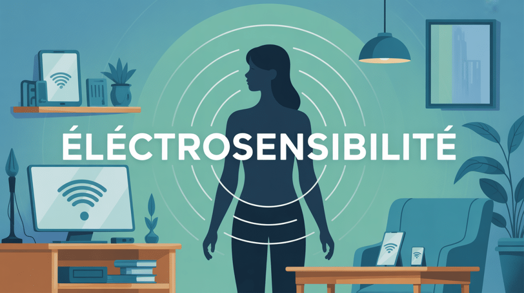 électrosensibilité traitement naturel, silhouette entourée d'ondes et écrans