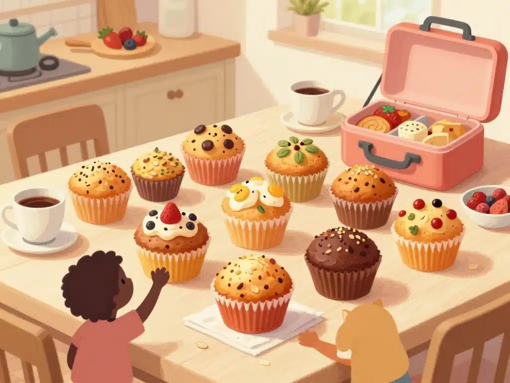 assortiment healthy muffin sur table avec fruits et lunchbox