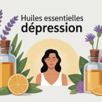 huile essentielle depression illustration flacons et plantes