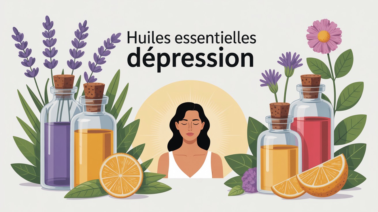 huile essentielle depression illustration flacons et plantes