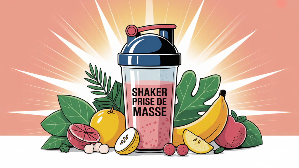 illustration shaker prise de masse entouré ingrédients sains