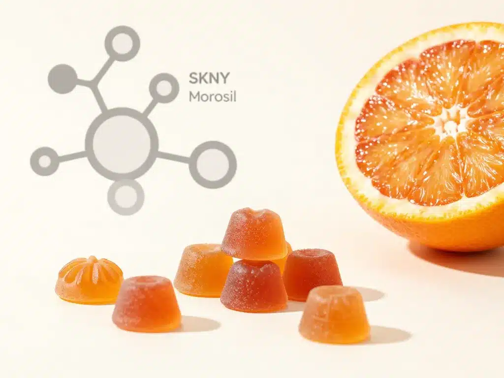SKNY Gummies Morosil avec orange sanguine et schéma moléculaire