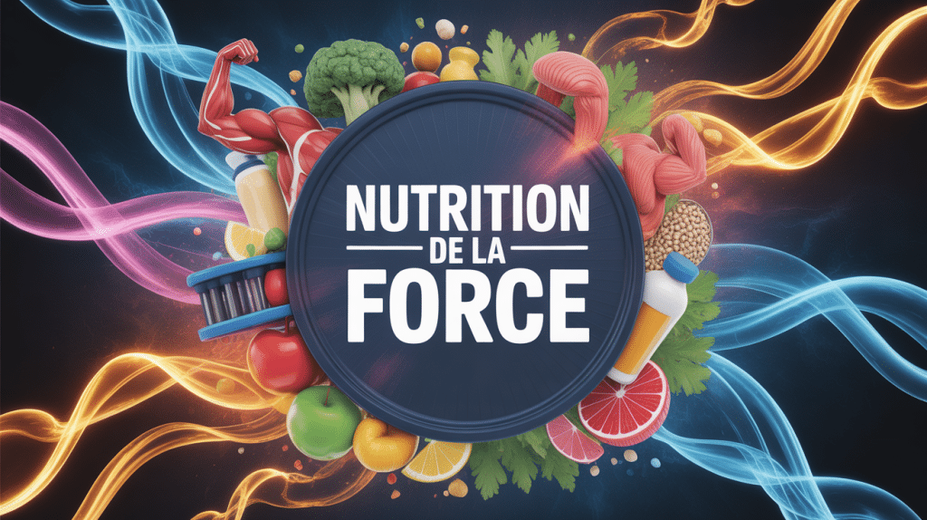 Résumé visuel de la nutrition de la force avec aliments, haltères et énergie
