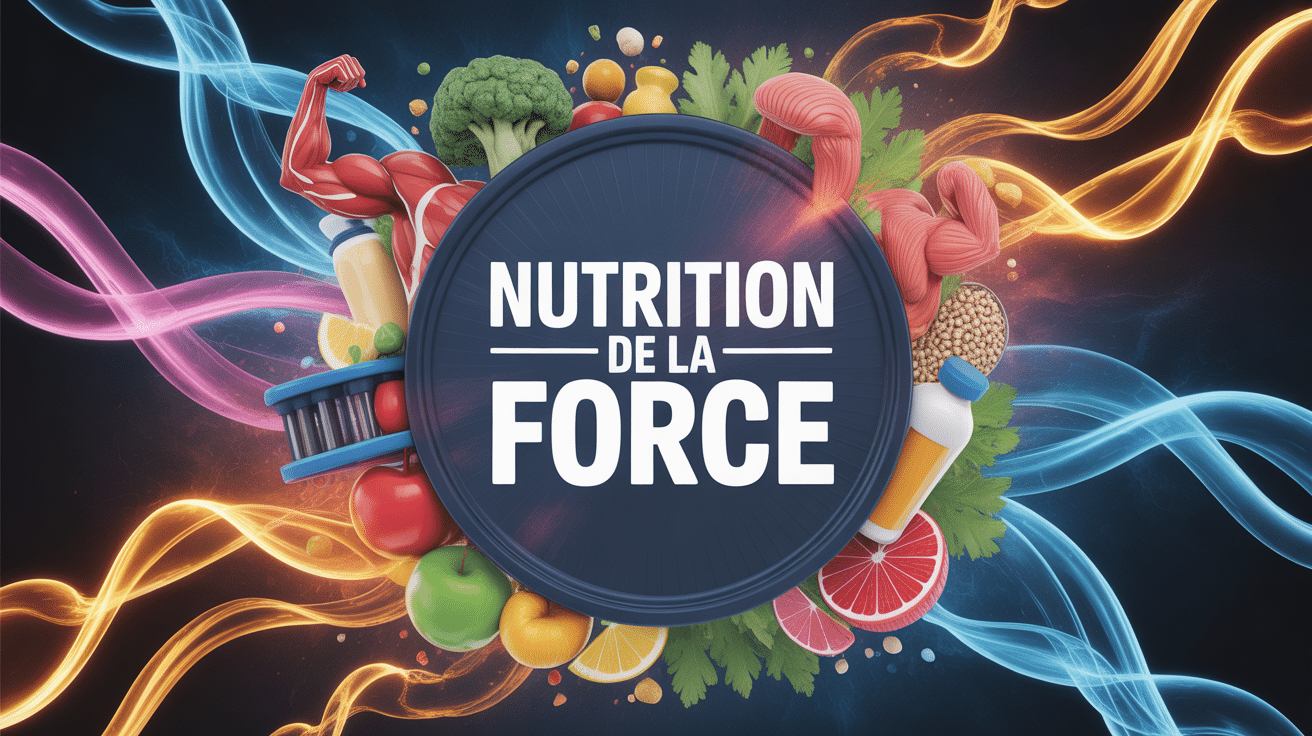 Résumé visuel de la nutrition de la force avec aliments, haltères et énergie
