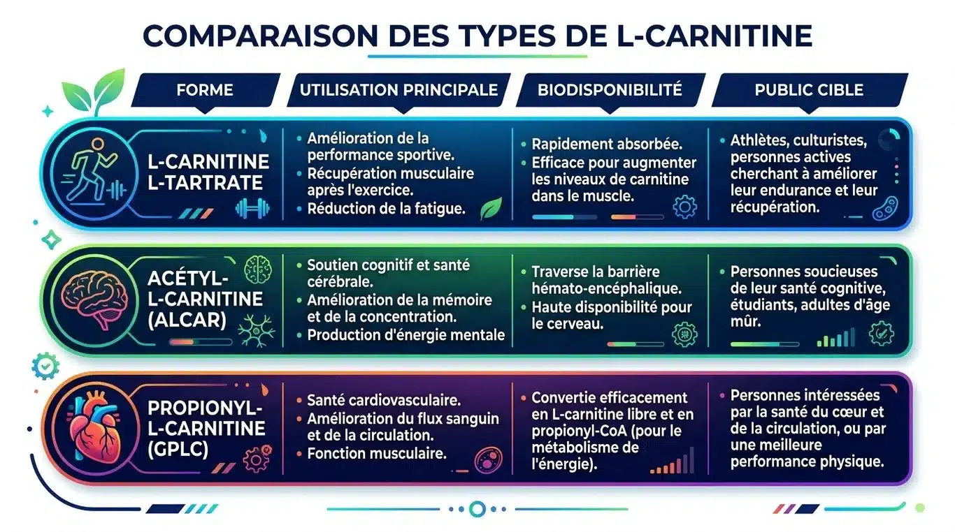 Tableau comparatif des différentes formes de L-carnitine et leurs usages