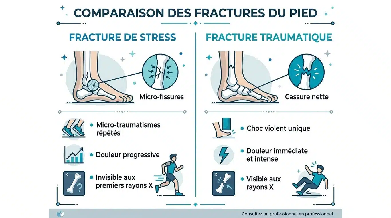 Infographie comparative : fracture de fatigue vs fracture traumatique