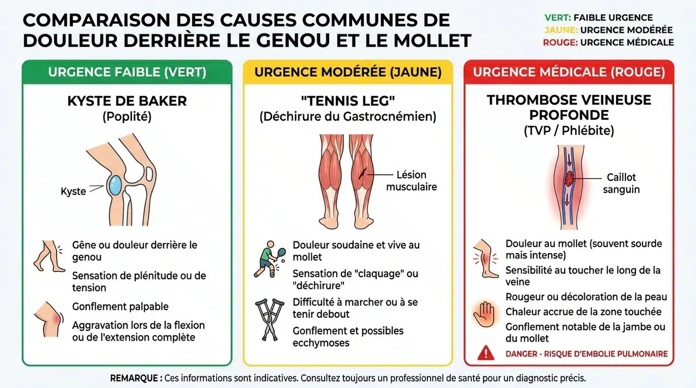 Infographie comparative des causes de douleurs derrière le genou et le mollet : symptômes et niveaux d'urgence.