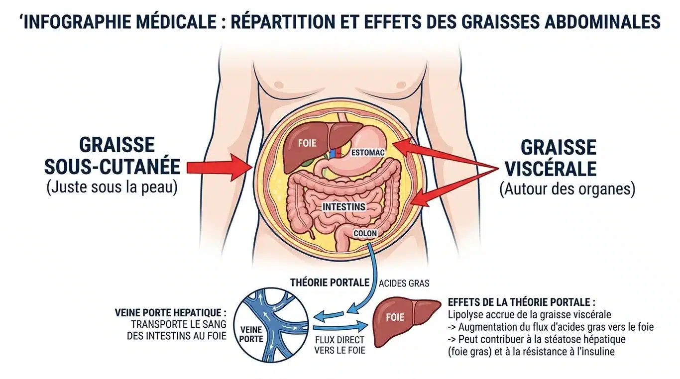 Infographie pédagogique illustrant la différence anatomique entre la graisse sous-cutanée et la graisse viscérale, ainsi que le mécanisme de la théorie portale.