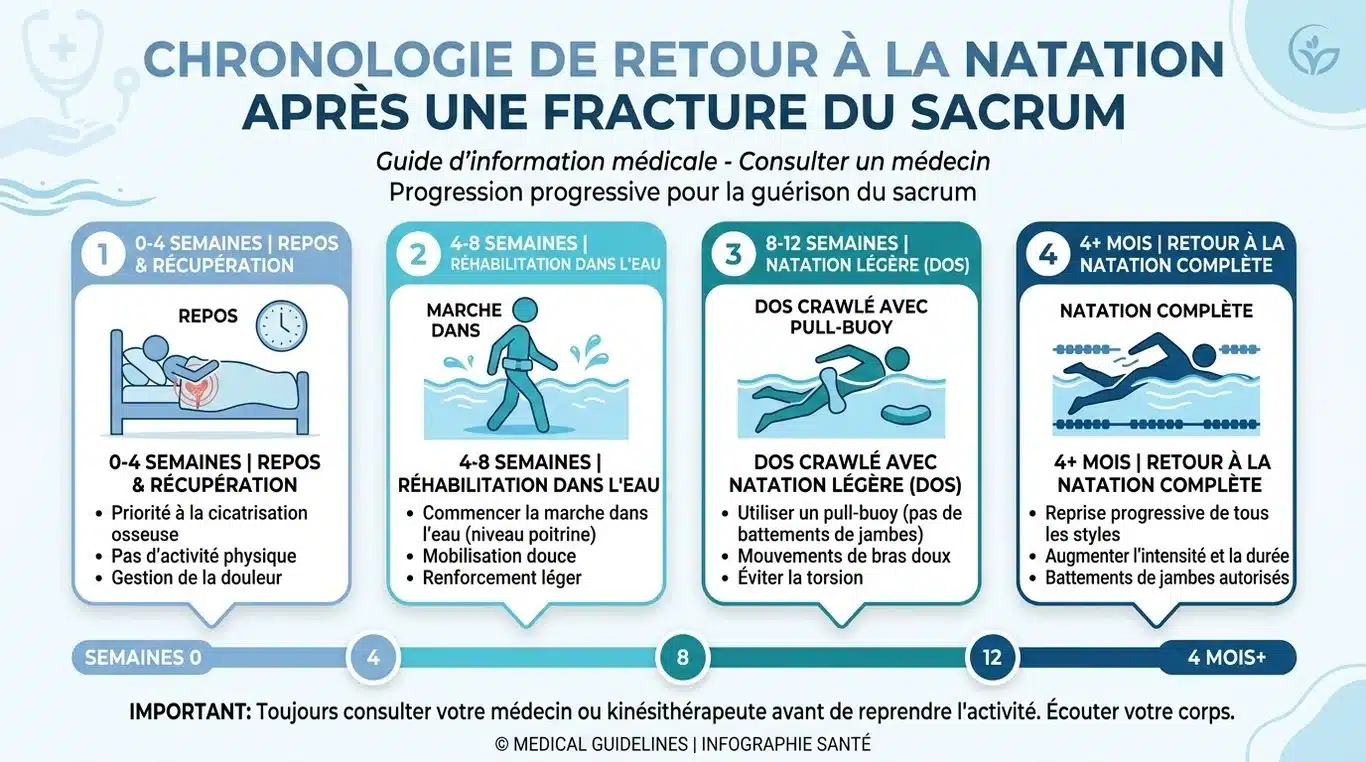 Infographie des étapes de reprise de la natation après une fracture du sacrum