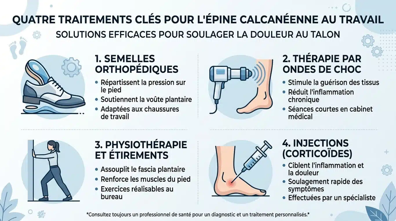 Infographie récapitulative des traitements pour l'épine calcanéenne au travail