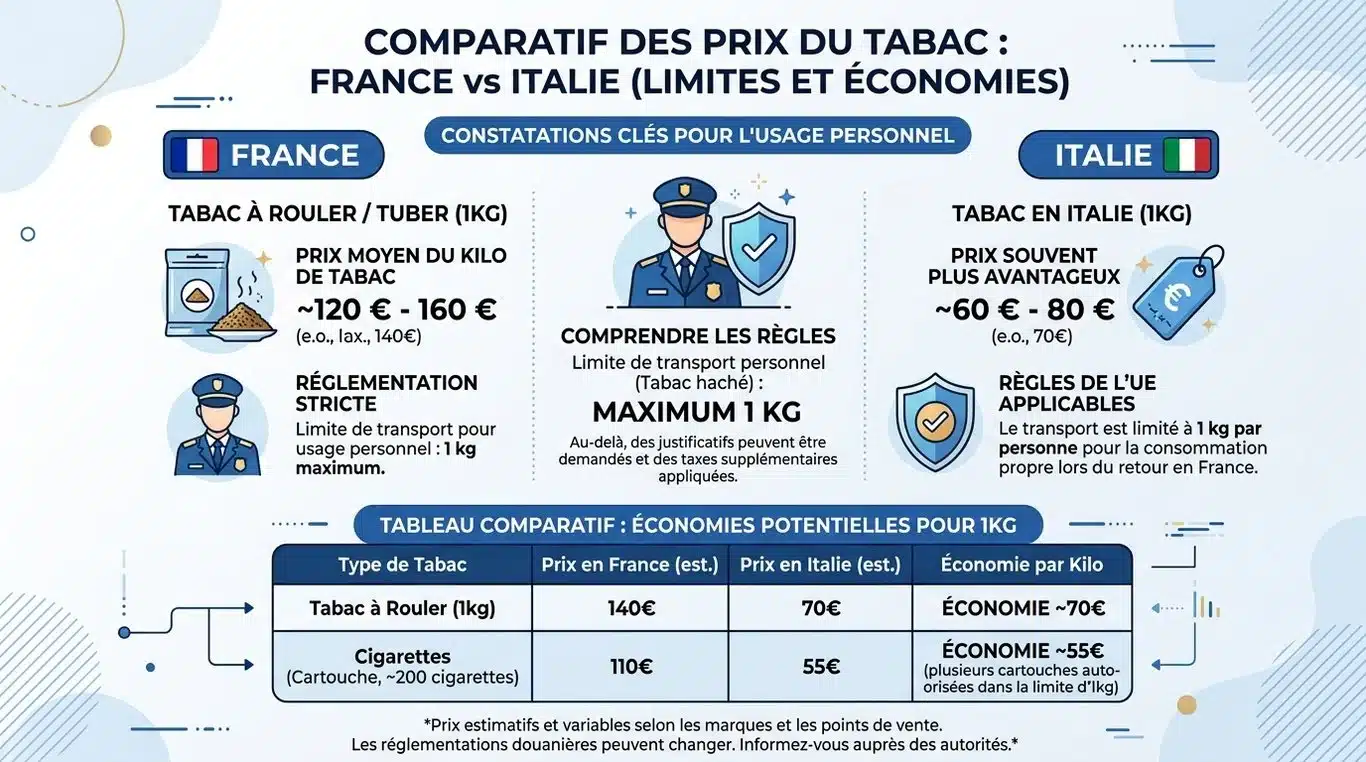 Infographie comparative des prix du tabac France vs Italie et rappel des limites douanières
