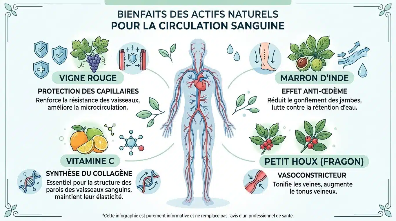Infographie des actifs naturels pour la circulation sanguine : Vigne rouge, Marron d'Inde, Petit houx et Vitamine C.