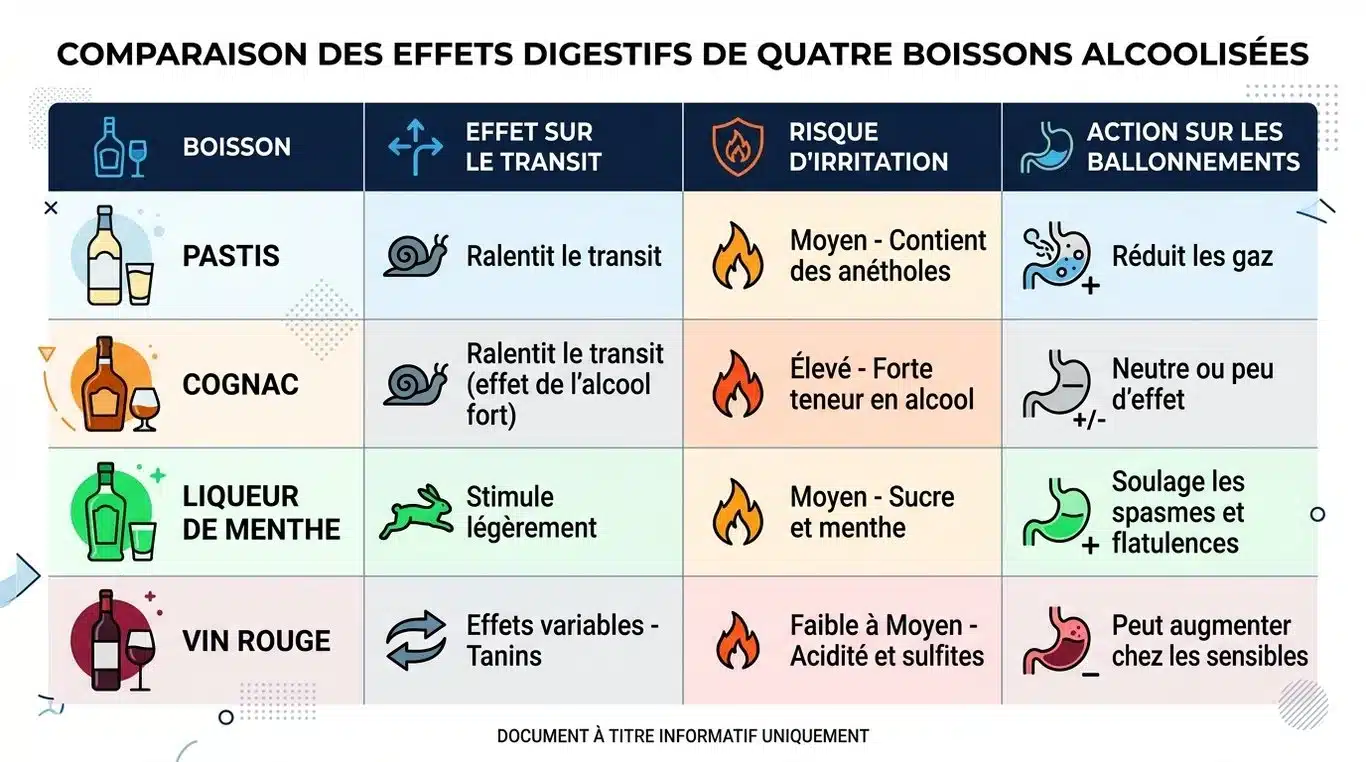 Infographie comparative des effets digestifs des alcools