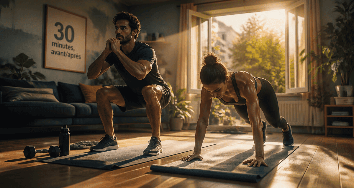30 minutes de sport par jour avant/apres homme femme squats burpees salon