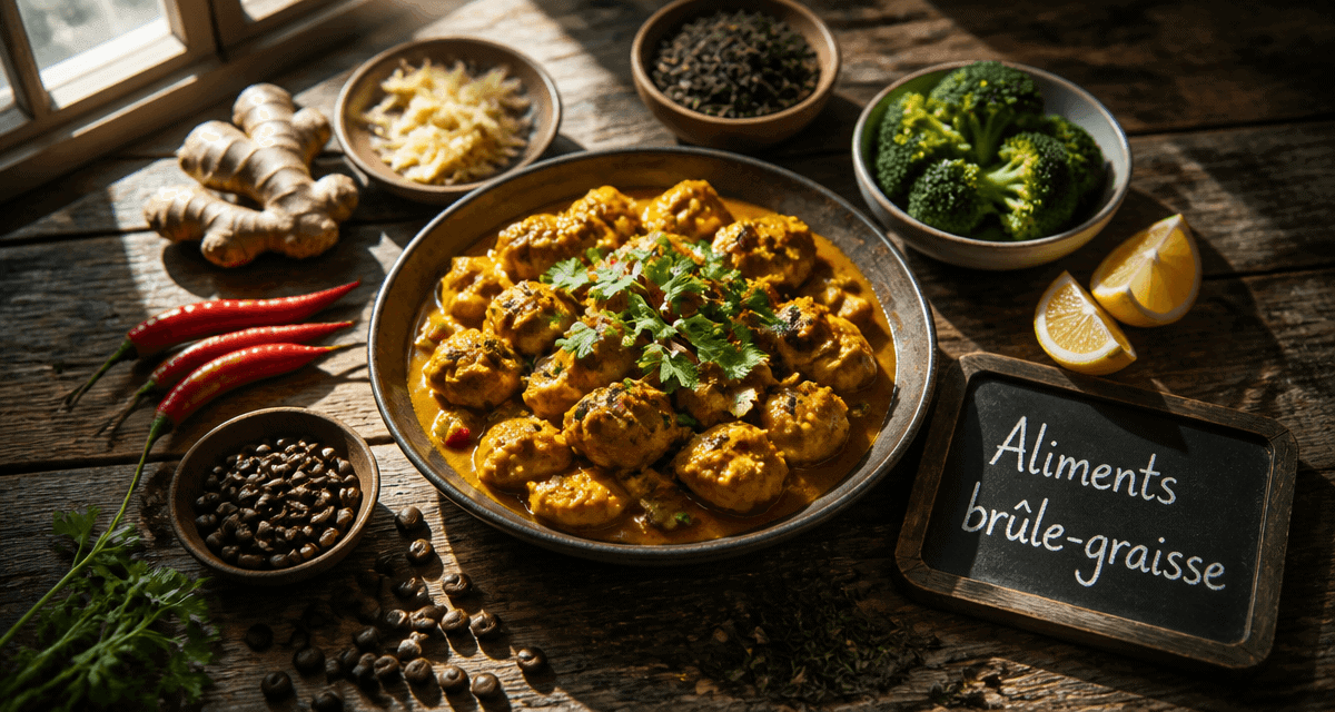 aliments brûle graisse plat curry et ingrédients frais