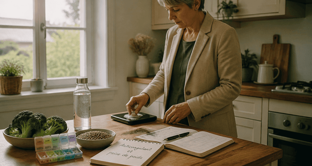 anticoagulant et prise de poids, balance et carnet en cuisine