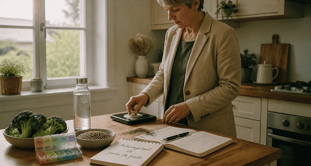 anticoagulant et prise de poids, balance et carnet en cuisine