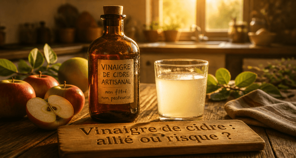 avantages et inconvenients du vinaigre de cidre sur une table avec pommes