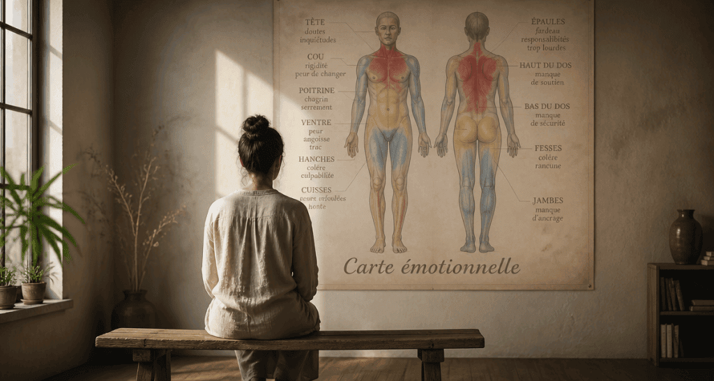 carte émotionnelle des maux du corps sur poster anatomique