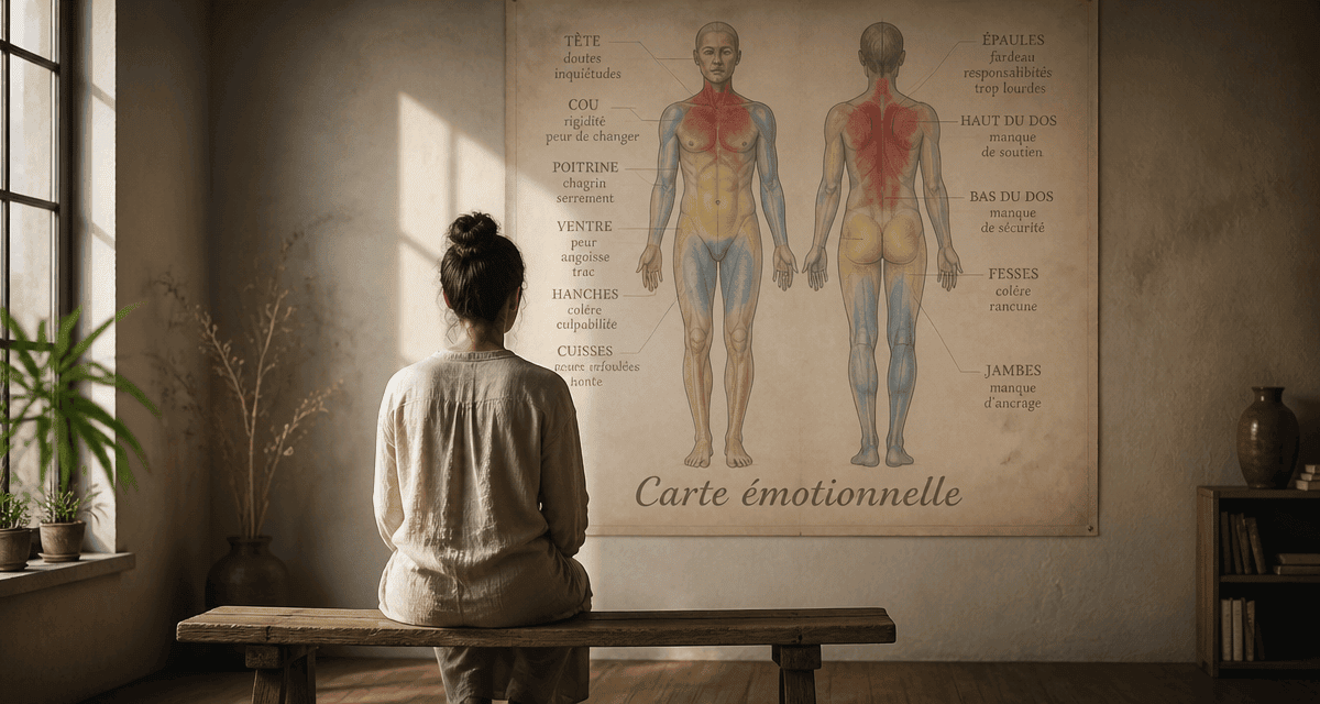 carte émotionnelle des maux du corps sur poster anatomique