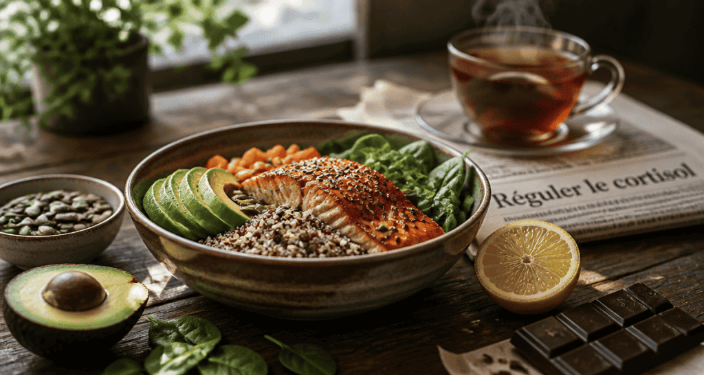 cortisol aliment a eviter bol saumon quinoa avocat