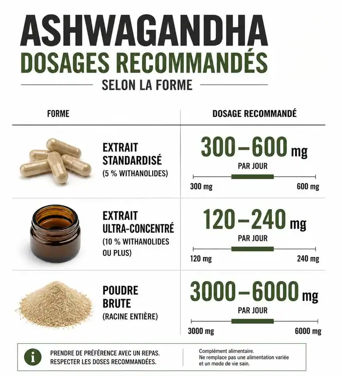 Infographie des dosages recommandés d'ashwagandha par jour selon la forme