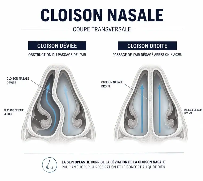 Schéma comparatif avant après déviation cloison nasale