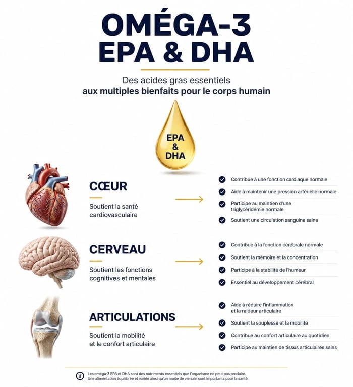 Infographie des bienfaits de l'huile de poisson et des oméga-3 EPA et DHA sur la santé