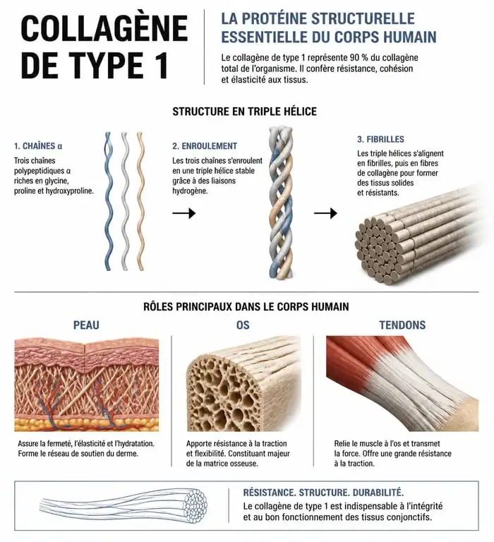 Infographie sur les rôles et la structure du collagène de type 1 dans le corps humain