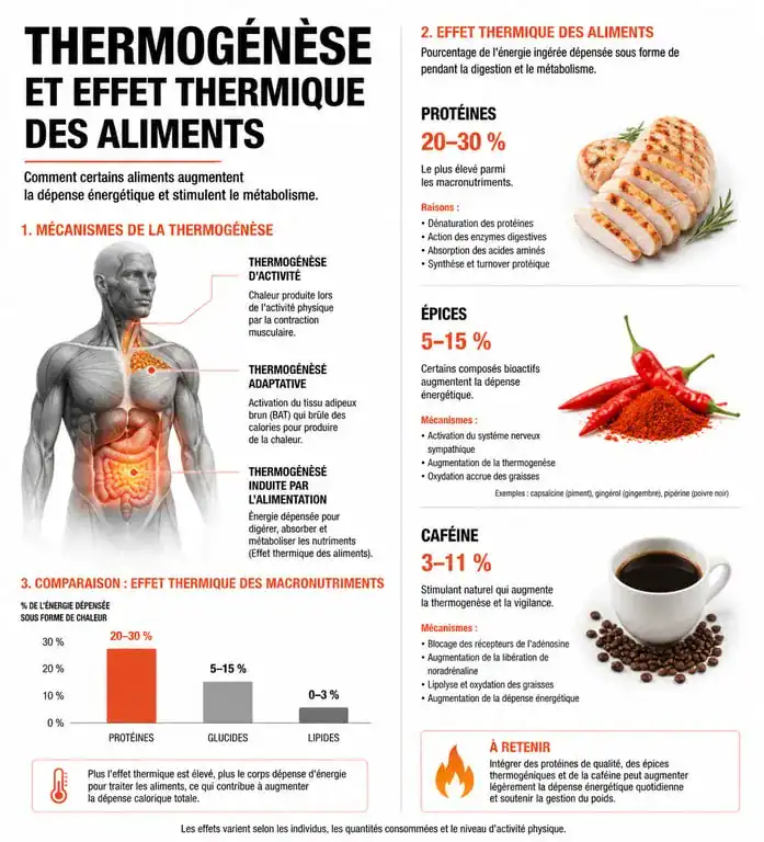 Infographie sur les aliments qui boostent le métabolisme et les mécanismes de thermogenèse