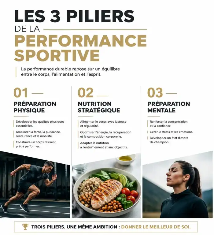 Infographie des 3 piliers de la performance sportive pour un blog sport