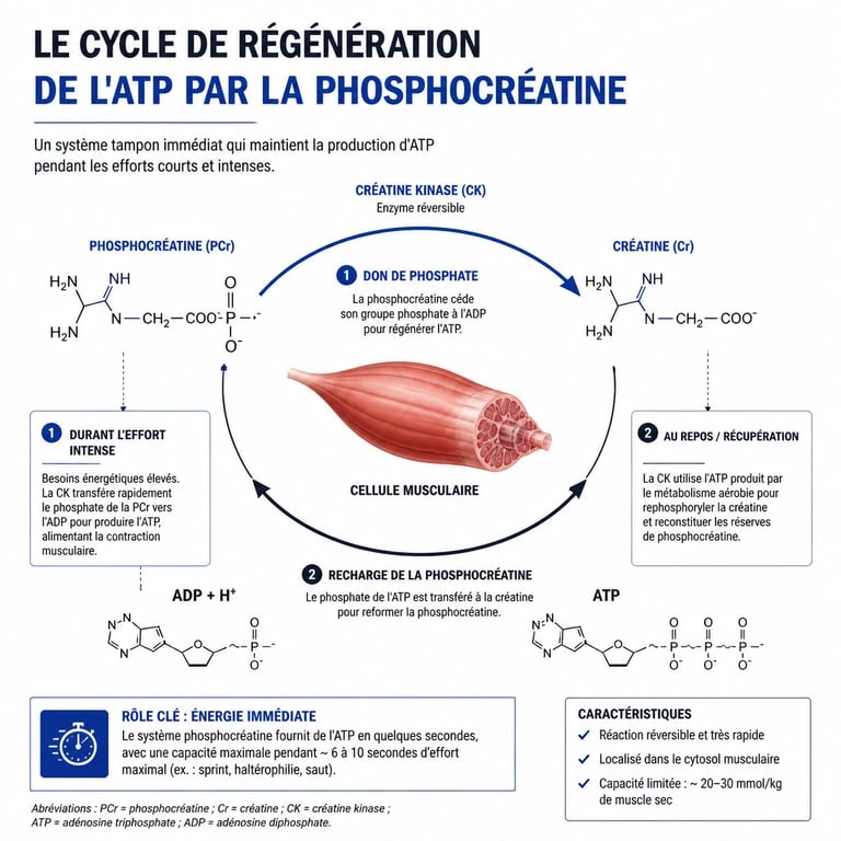 Schéma du mécanisme d'action de la créatine et régénération de l'ATP pour la prise de masse musculaire