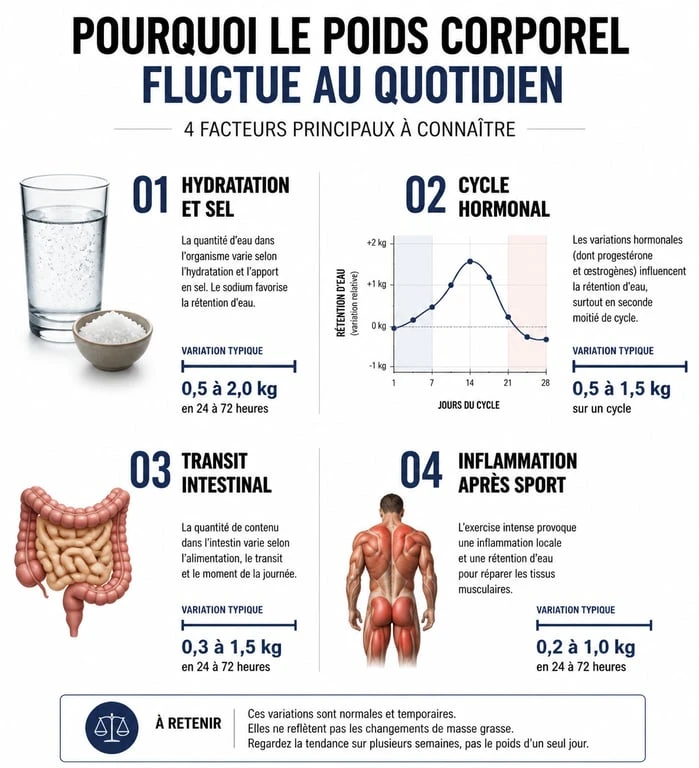 Infographie explicative des facteurs de variation du poids lors de la pesée quotidienne