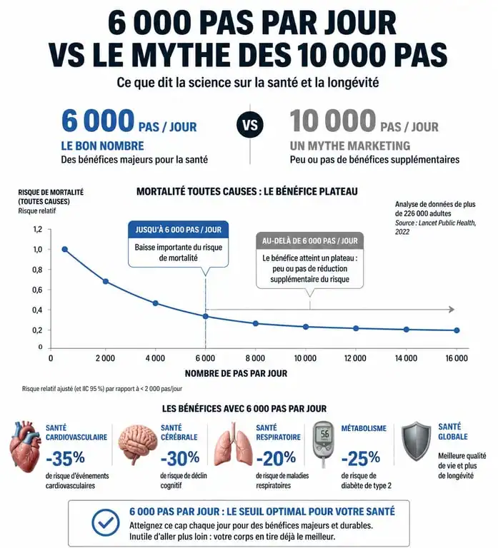 Infographie comparant les bénéfices santé de 6000 pas par jour par rapport aux 10 000 pas