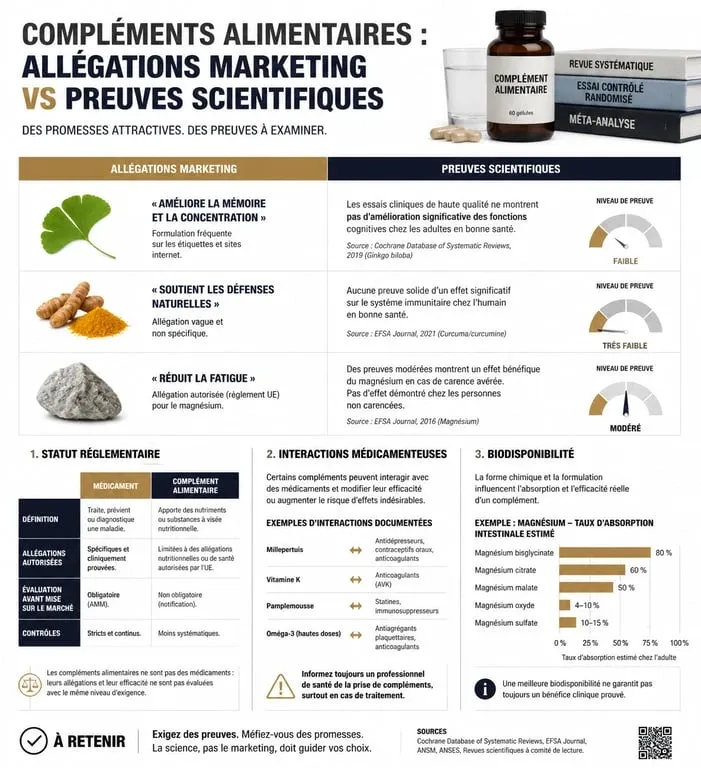 Infographie sur les points de vigilance médicale et réglementaire concernant les compléments alimentaires Cell'innov