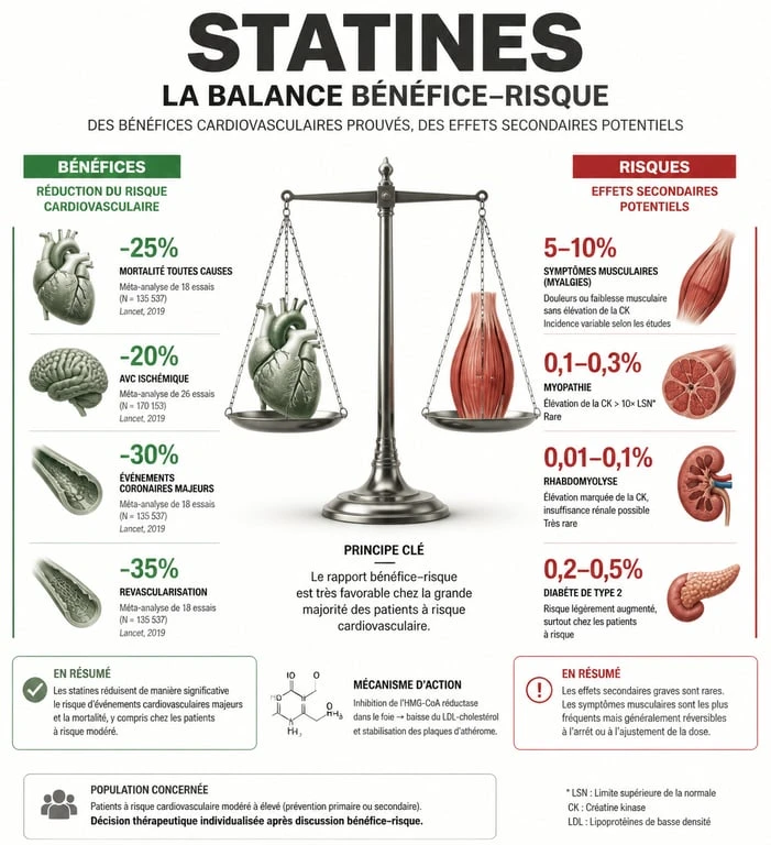 Infographie sur la balance bénéfice-risque des statines et leurs effets secondaires