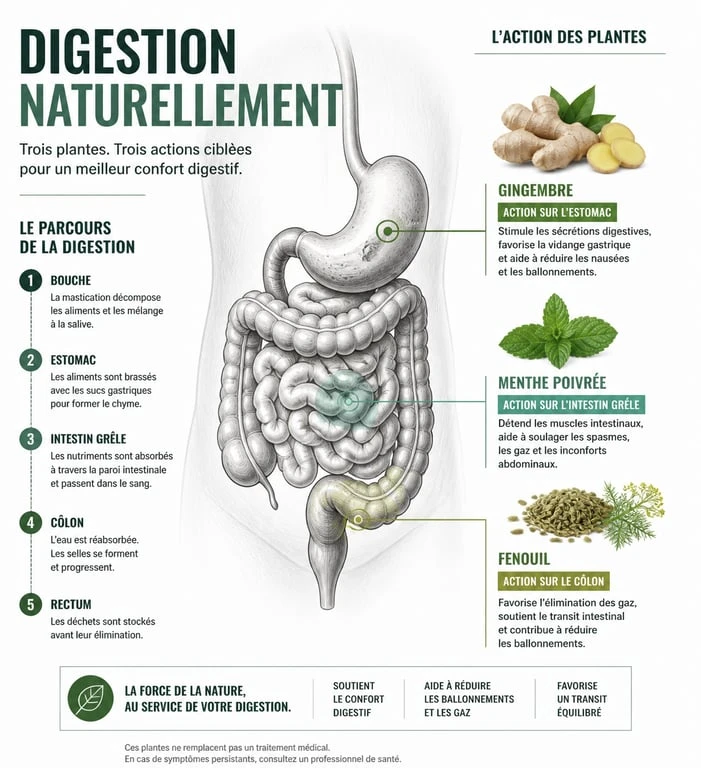 Infographie sur les bienfaits des plantes pour l'aide pour la digestion et le confort intestinal