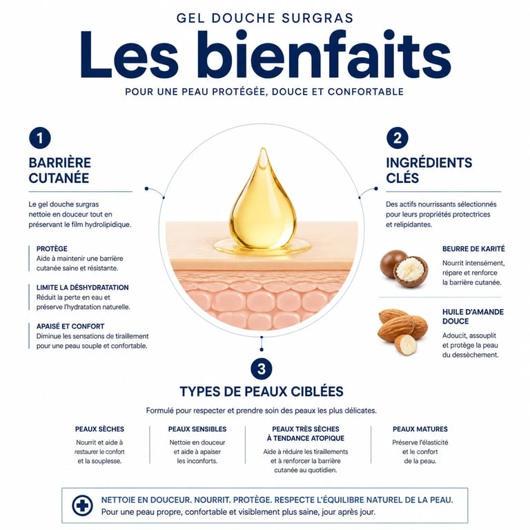 Infographie sur les bienfaits et le choix du meilleur gel douche surgras pour les peaux sèches et sensibles