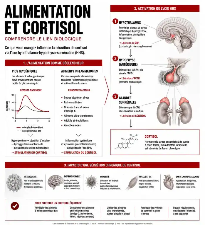 Infographie sur l'impact de l'alimentation sur le taux de cortisol et la santé hormonale