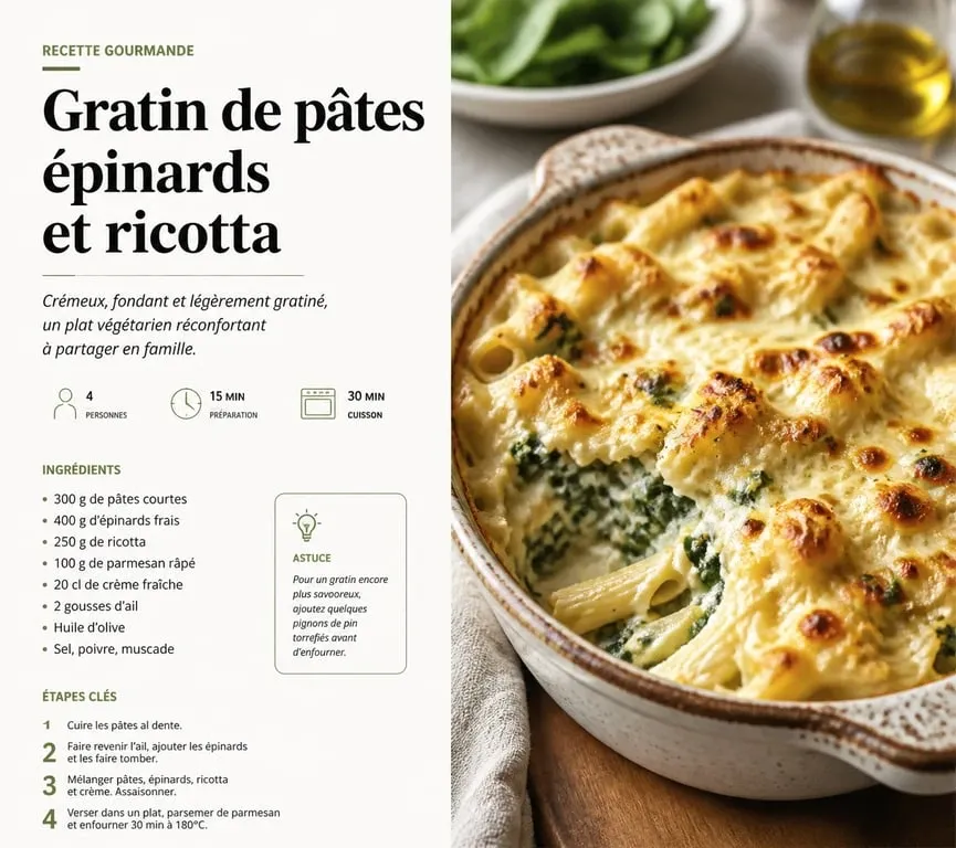 Gratin de pâtes aux épinards et ricotta, une idée de menu famille pour la semaine