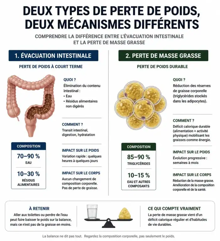 Infographie expliquant la différence entre perte de poids par nettoyage du côlon et perte de masse grasse