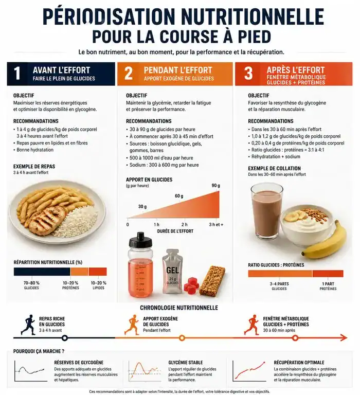 Infographie sur la périodisation de l'alimentation en course à pied pour optimiser la performance et la récupération
