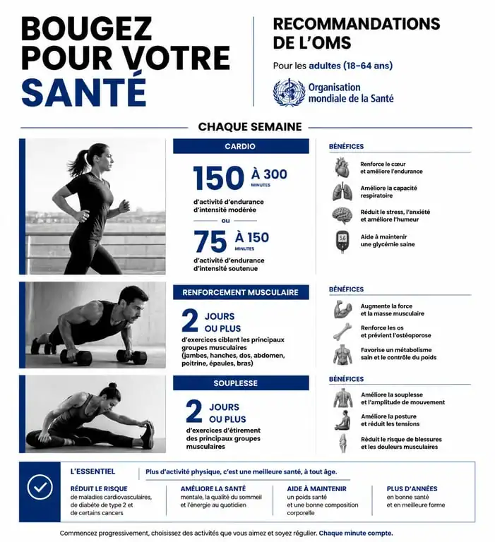 Infographie des recommandations de l'OMS pour choisir son sport et rester en bonne santé