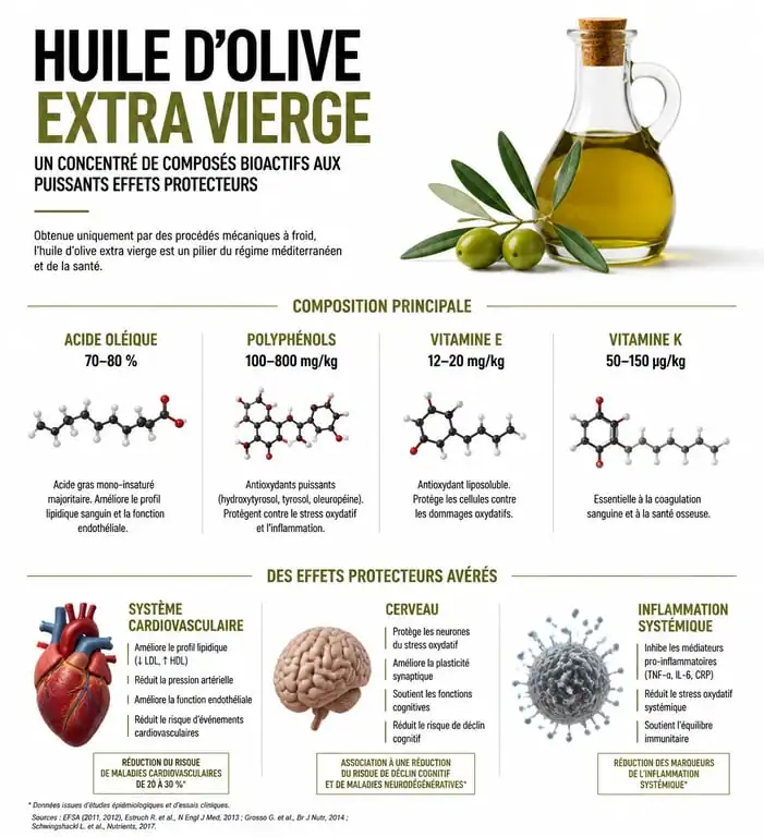 Infographie des bienfaits santé de l'huile d'olive extra vierge et ses composants nutritionnels