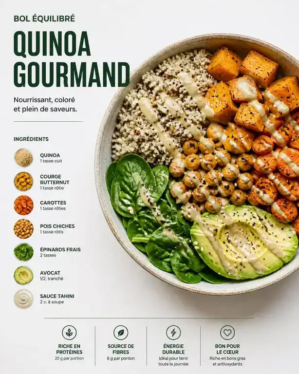 Bowl de quinoa aux légumes rôtis et pois chiches pour une alimentation healthy