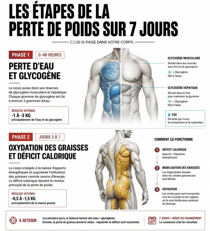 Infographie expliquant les mécanismes de la perte de poids en 1 semaine