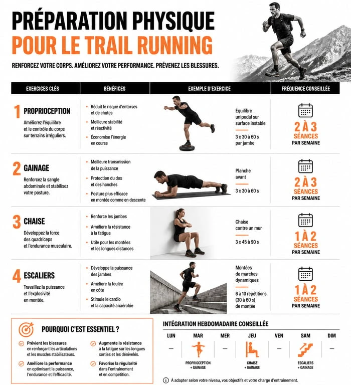 Infographie des exercices de préparation physique pour le trail running