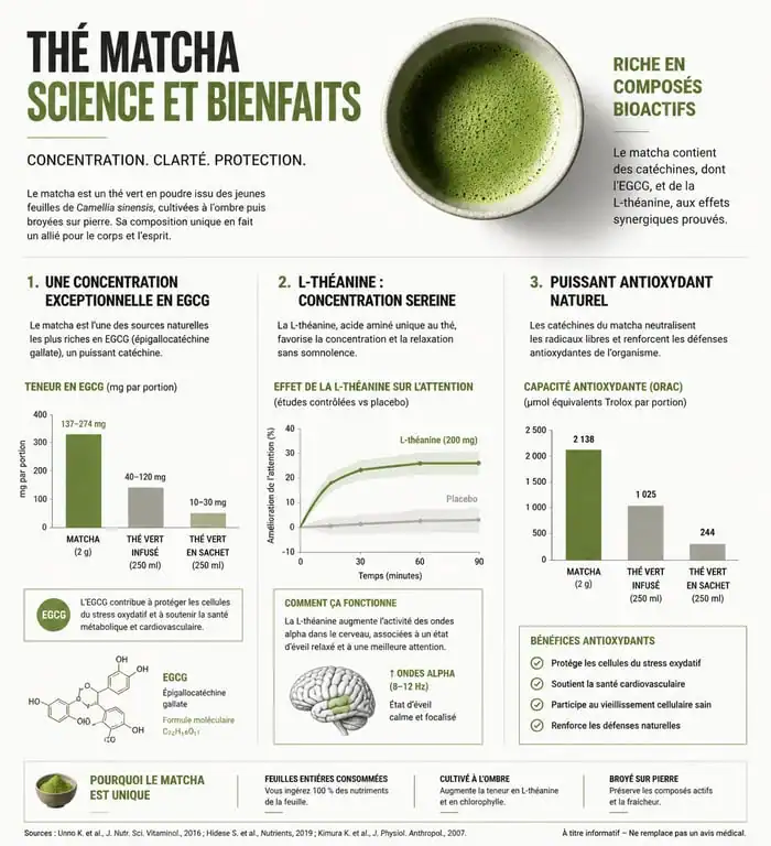 Infographie des bienfaits du thé matcha pour la santé et le métabolisme