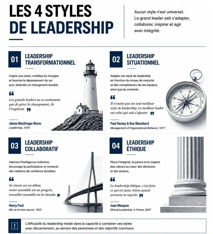 Infographie des styles de leadership et citations inspirantes pour managers
