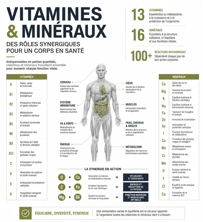 Infographie sur les bienfaits des compléments multi vitamines et minéraux pour la santé et l'immunité